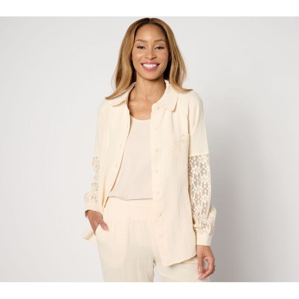 Wacoal Women's Top Plus Sz 1X Bridgehampton Gauze Shirt w Crochet White A643309